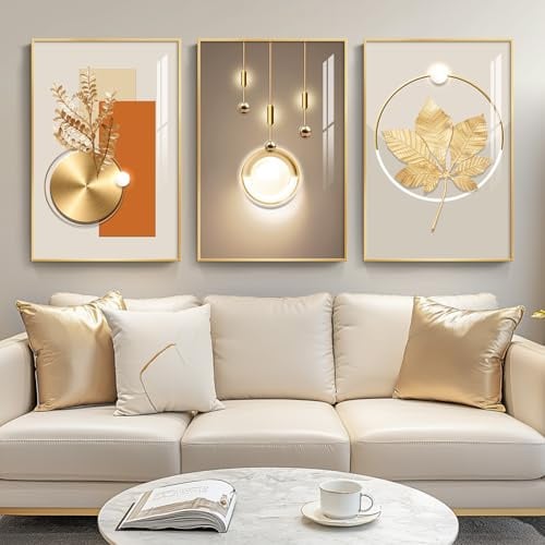 Gerahmte, moderne, luxuriöse goldene Wandkunst für Wohnzimmer, Set mit 3 Stück, zeitgenössische Gemälde, Kunstwerk für Wände, goldene Drucke, Bilder mit Goldrahmen, Wanddekoration für Home Office,