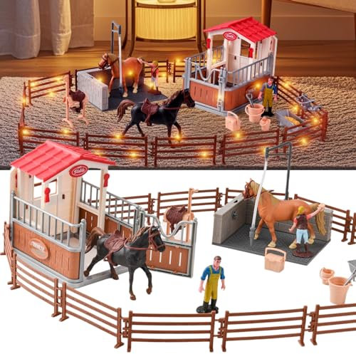 DAOUZL Jouets du Club du Cheval, 49 PCS Jouet Chevaux avec LED, Cheval Animaux Ferme Cadeaux, Horse Club Cadeaux de Noël Anniversaire, Chevaux Paddock Cadeaux pour Enfants Garçon Fille 5+ Ans (B)