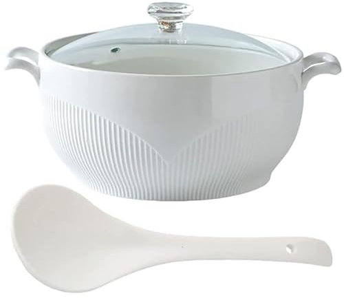 KRODEAIR Sopera Redonda de cerámica Blanca, Cuenco de cerámica para Sopa con Tapa de Vidrio y Cuchara, Cuencos de cerámica Premium Resistentes al Calor para Ramen, Recipiente Grande para Sopa,1.5L