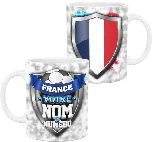 lepni.me France Personnalisée 11 oz. Tasse de football avec drapeau Français insigne Votre Nom et Votre Numéro | Tasse de jeu de Sport en Céramique pour Café et Thé | Cadeau pour les Fans