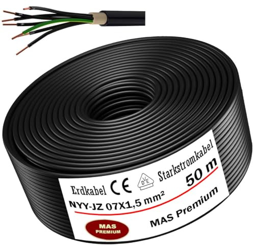 MAS Premium Erdkabel Starkstromkabel 5-100m NYY-JZ 7X1,5, 2,5 oder 4 Elektrokabel Ring zur Verlegung im Freien, Erdreich (NYY-JZ 7X1,5 mm², 50m)