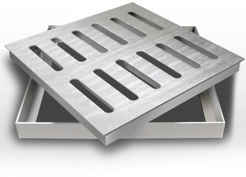 Caniveau Exterieur Grille de Drainage pour Pavés Extérieurs, Grille de Drainage Carrée pour Cour, Couvercle de Drain en Acier Inoxydable 304 avec Base, Couvercles de Crépine de Drain pour Égouts(25x25