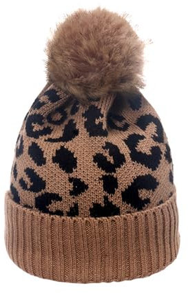 SMTCM Strickmütze Leoparden Bommelmütze Gestrickte Beanie Leopardenmuster Wollmütze Damen Wintermütze Pompon Mütze Tierdruck Warm Hut Fellbommelmütze Thermo Cap für Frauen Herren Outdoor Reiten