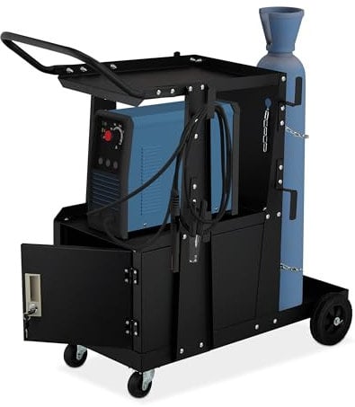 Relaxdays Welding Cart, 3 Shelves, Gas Cylinder Holder, Welder Trolley, Load Capacity 110 kg, HxWxD: 89x47x97 cm, Black, Steel, Plastic