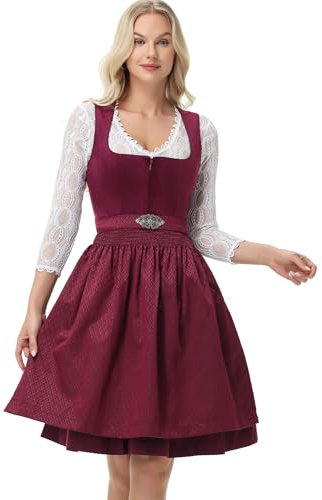 TrendiMax Damen Midi Dirndl - Elegant Samt Dirndlkleid Trachtenkleid für Oktoberfest mit Blumenmuster Schürze, Beere, 36