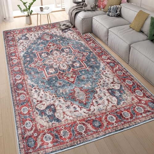 homeart Machine Washable Rug -%63 Cotton, Low Pile Carpet with Non Slip Backing - Non-Shedding Large Rugs for Living Room, Bedroom, Kitchen, Dining Room, Hallway - Traditional Red Blue, 200x290 cm