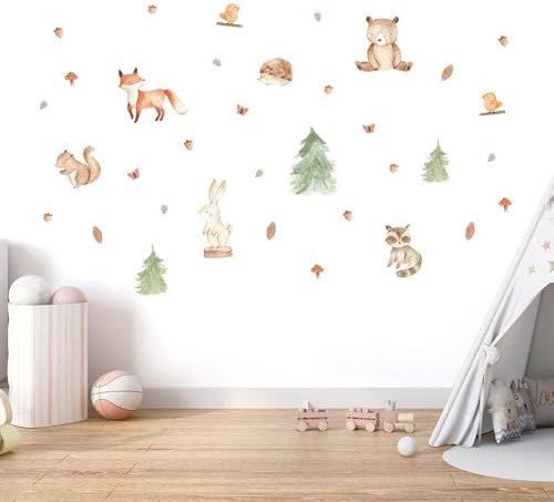 Wandtattoo Waldtiere #27 – Charmante selbstklebende Wanddekoration für Kinderzimmer – Blasenfreie Anwendung, nachhaltig & PVC-frei – 8 Tiere (10–26 cm), 3 Bäume (20–25 cm), 26 Elemente (6–12 cm)