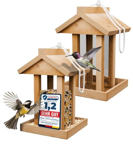 Vogelfutterhaus aus Holz mit Aufhängevorrichtung – Wetterfestes Futterhaus mit transparenter Seitenwand, leicht zu befüllen Dank abnehmbarem Dach – Vogelhaus 14,5x14,5x22 cm (2 Stück)