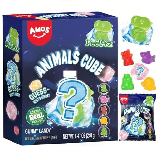 AMOS Peelerz Fruchtgummis Süßigkeiten Erdbeere & Traube & Apfel & Orange | Mystery Cube 4 Flavors Süßigkeiten Geschenk Einzeln Verpackt Sweets -240g