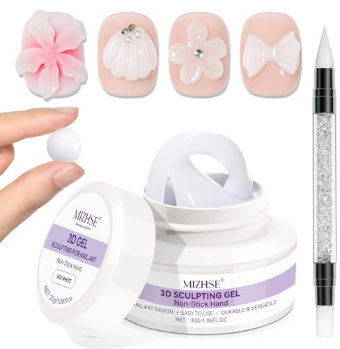 MIZHSE 3D Gel for Nails, 30g White Solid Sculpting Gel Non Stick Hand 3D Carving Nail Art for DIY Salon at Home Need Lamp Cure