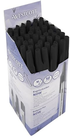 Westcott Kugelschreiber NOW 50 Stück Schwarz | Dokumentenecht nach ISO 12757-2 | Strickstärke M 0,5mm | Schreibfarbe Schwarz | Transparenter Schaft | E-745001 00