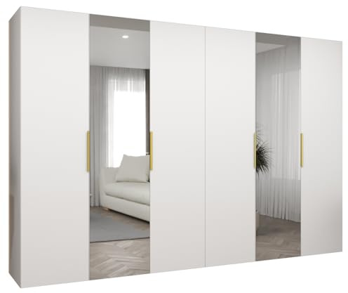MEBLE KRYSPOL - Kleiderschrank mit Spiegel - Drehtürenschrank - Schrank 300x202x52cm - Garderobenschrank Schlafzimmer, Flur, Jugendzimmer - Farbe Weiß, Griff Gold - Marbella 2 300