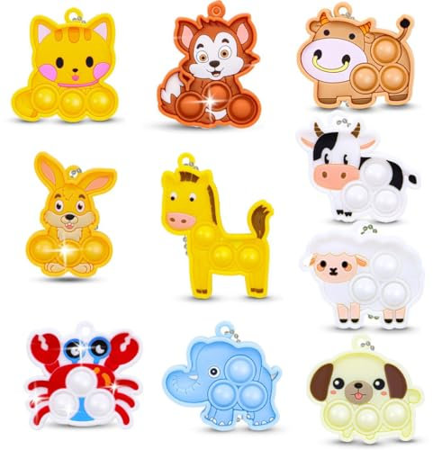 NHPY 10 Pièces Push And Pop Bubble Sensory Fidget Toy Porte-Clés, Animal Pop It Fidget Toy Set Porte-Clés, Anti Stress Enfant, Silicone Anti-Stress Jouets De Soulagement De L'Anxiété(10Forme)