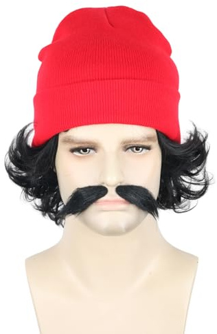 LeMarnia Black 70s Men Wig and Beard Red Knitted Hat Set Halloween Party Costume Wig