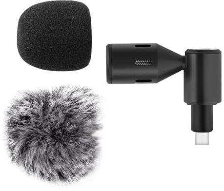 Fesjoy Plug-In Smartphone Microphone Mobile Phone Mic Cardioid Pickup Type C Connector 90° Angle with 2pcs Windscreen for Smartphone Live Streaming Vlog Online Senses Adjustable (Type C Plug)
