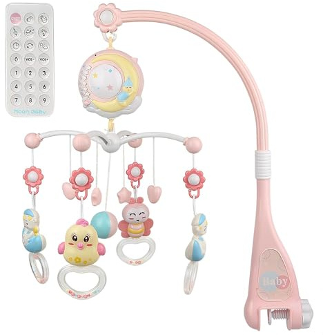 XUANYU Mobile Musical Bébé avec Projecteur, Babyphone avec Veilleuse Nomade, 150 Mélodies, 10 Chansons, 6 Sons Nature, Minuterie et Télécommande pour Bébé Garçon Fille (Rose)