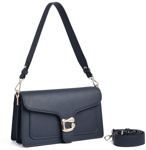 Travistar Damen Umhängetasche Klein Elegant PU Leder Schultertasche mit 2 Breiten Abnehmbaren Schultergurten Modische Crossbody Bag mit 4 Kartenfächern Handtasche für Alltag Büro Reise Navy Blau