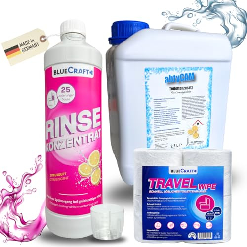 Bluecraft Rinse + abtyCAM Sanitärflüssigkeit Set + Camping Toilettenpapier | Für Spülwassertank & Abwassertank mit Klopapier selbstauflösend - WC Chemie Sanitärkonzentrat für Campingtoilette Spültank