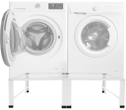Double support de machine à laver, en acier, meuble bas, blanc, 126 x 54,5 x 32 cm, charge maximale : 2 x 150 kg, pour sèche-linge/réfrigérateur