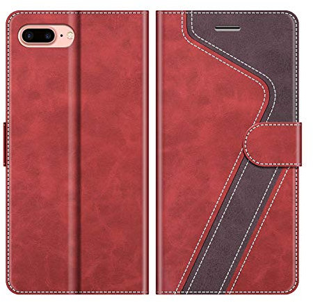 MOBESV Hülle für iPhone 8 Plus/iPhone 7 Plus Handyhülle, Lederhülle mit Kartenfach, Klapphülle mit Ständer, Flip Case Handytasche Schutzhülle, Rot