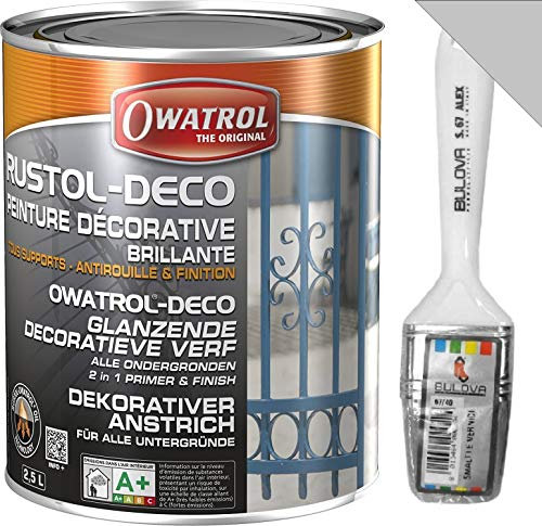 Owatrol DECO Vernice Smalto protettivo, Primer antiruggine, perfetto per Ferro (anche zincato), Legno, PVC, Plastica, Tegole. Finitura Lucida (2,5 Lt, Grigio RAL 7040)