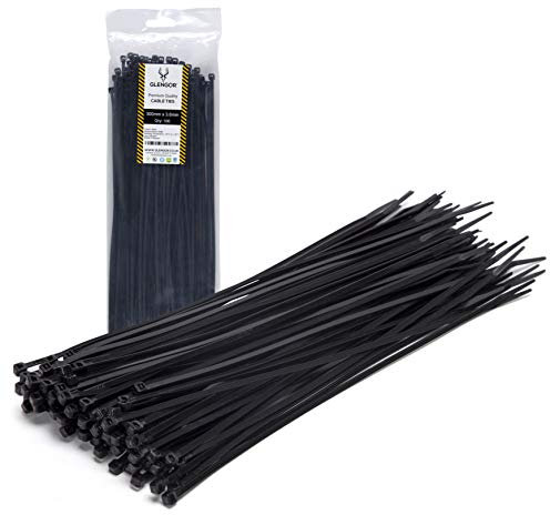 Glengor Black Cable Ties - Pack of 100 | 300 x 3.6mm | Multi-Purpose Plastic Heavy Duty Zip Wrap | Thin, Easy to Use, Security Cable Ties for Home, Garden, Office, DIY, Industrial, Events & Tool Kit