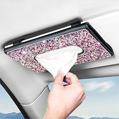 eing Bling Bling Sonnenblende Auto Tissue Box Hanging mit Crystal Diamond Leder Auto Serviette Tissue Hanging Bag Halter für Autozubehör (B-Pink)