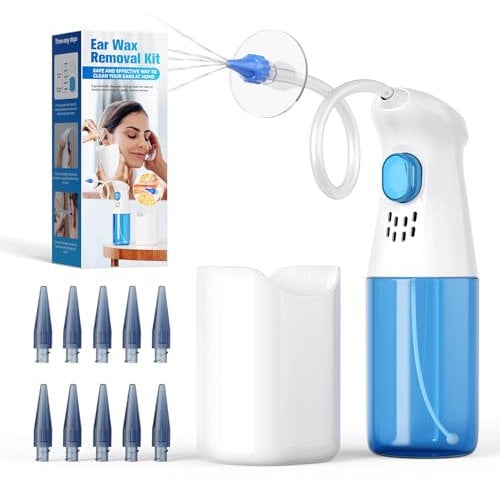 Kit Pulisci Orecchie per Rimozione Cerume Qimic, Sistema di Irrigazione per Orecchie, Strumenti Pulizia Orecchie con 10 punte, Sicuro ed Efficace per Pulire il Cerume Accumulato nell'orecchio