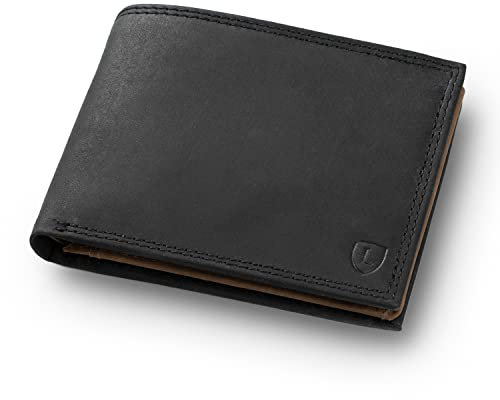 iClassy Querformat - Echtleder Geldbörse handgemacht und doppelt genäht Herren Portemonnaie mit Münzfach und Platz für 14 Karten + 1 Sichtfach mit RFID NFC Schutz - Geschenk | (Schwarz/Braun)
