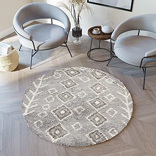 TAPISO Boho Rund Teppich Hochflor Langflor Shaggy Hellgrau Grau Beige Viereck Pfeile Ethno Schlafzimmer Wohnzimmer Modern ÖKOTEX 200 x 200 cm