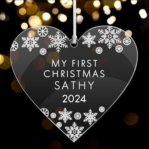 Christmas Baubles Personalised Xmas Tree Acrylic Decorations Customised First Christmas Ornaments Keepsake Gift with Any Word for Daughter Son Wife Husband Family Home 2025 (Heart)