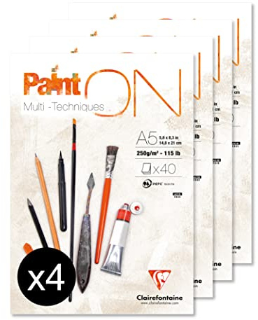 Clairefontaine 96538C - Packung mit 4 Blöcken Paint´ON feinkörnig, DIN A5, kopfseitig geleimt, 40 Blatt, 250g, weiß, 4 Stück