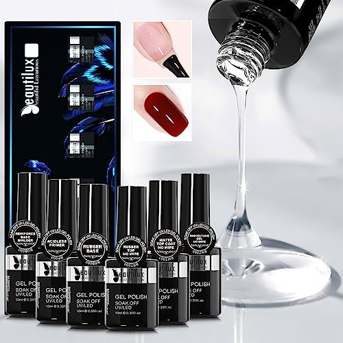 Beautilux No Wipe Base Top Coat und Rubber Base & Primer & Matte Top Coat & Rhinestone Gel & 5 in 1 Reinforce Base Builder Nail Gel,6x10 ml No Wipe Unterlack und Überlack Set für Nagelkunstdesign