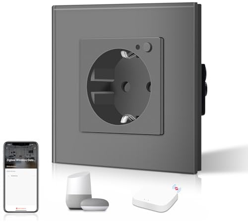 BSEED Schuko Smart Alexa ZigBee Steckdose 16A Glassteckdose, 1 Pack 1 Weg Grau 86mm Unterputz-Installation APP-Steuerung Arbeit mit Alexa/Google Home DIY Free Spin Nur 2.4 GHz