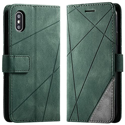 Vankii Compatible with iPhone XS/iPhone X Case (5.8 Inch), PU Leather Flip Wallet Phone Case Protective Cover with Card Holder Magnetic Kickstand Full Protection Shockproof Cases Cover (Green)
