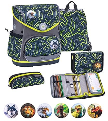 Belmil Premium Compact Plus ergonomisches Schulranzen Set 5 - teilig, AGR, Brustgurt, Hüftgurt, Magnetverschluss (405-41/P/S) (Iguana)