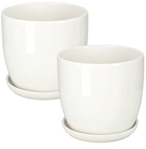 KOTARBAU® 2 x Maceteros con Plato de cerámica esmaltada, 13 cm, Maceta Blanco, Tiesto Decorativo para Plantas, Maceta con Plato y Orificio de Drenaje, Reflejo Brillante, Macetas de Ceramica 2 UDS