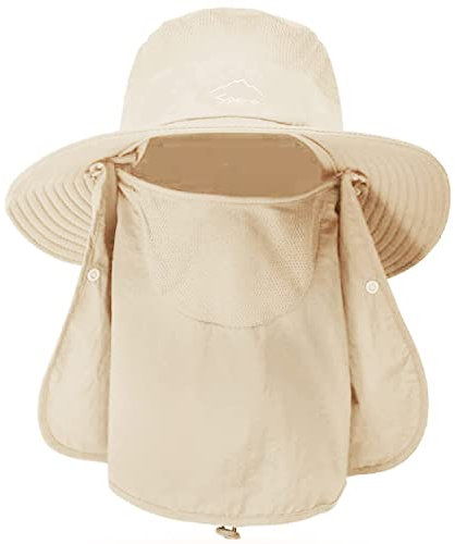 ehsbuy Cappelli da Pesca per Uomo e Donna con Copertura per Il Viso Cappello da Sole a Tesa Larga da Spiaggia Mesh Safari Caccia Giardinaggio Cappello da Secchio Packable Beige