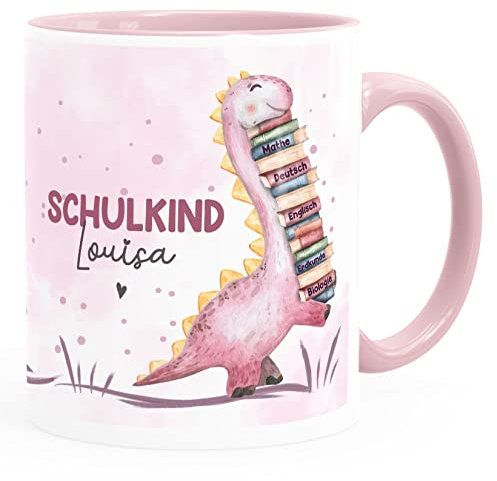 SpecialMe® Tasse Schulkind Dino Geschenk Einschulung personalisiert mit Namen Kindertasse aus Keramik für Jungen Mädchen Mädchen weiss-innen-rosa standard
