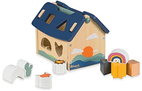 hauck Sort N Build Activity Würfel aus Holz Motorikwürfel ab 1 Jahr, Lernspielzeug mit Steckformen, Abnehmbarem Dach & 8 Bausteinen – Pädagogisch Wertvoll, Geschenk für Kleinkinder