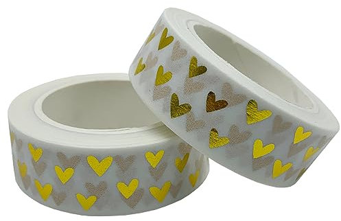 aufodara Set di 2 Rotoli di Nastro Adesivo Washi Tape 10 m x 15 mm, con Glitter Metallizzati, Colore Oro, a Forma di Cuore