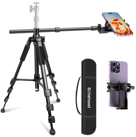 Elitehood Ultra-Stable Overhead Tripod for iPhone - Heavy Duty Aluminum iPhone Tripod Stand, 360°Adjustable & 63cm Horizontal Long Phone Arm, Tall Phone Holder Stand Mount for Recording