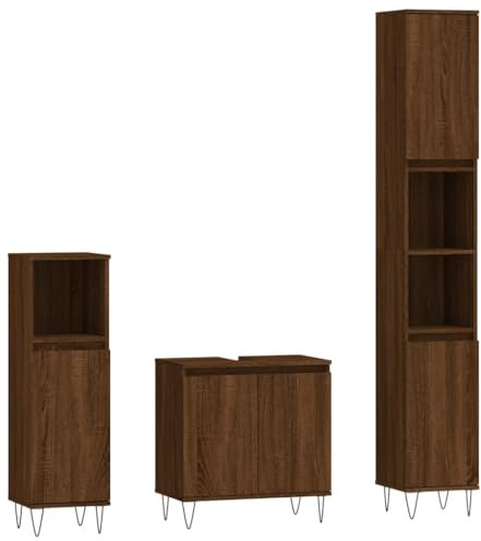 vidaXL Badmöbel Set 3 TLG., Badezimmer Möbel mit viel Stauraum, Badschränke mit Metallfüßen, Waschbeckenschrank Hochschrank Badezimmerschrank, Braun Eichen Optik Holzwerkstoff