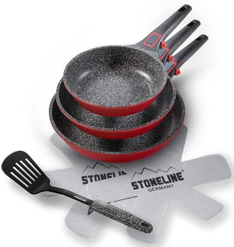 STONELINE SMART Set di Padelle 6 pezzi 20/24/28 cm, Alluminio Pressofuso, Manico Rimovibile, Tutti i Tipi di Piani Cottura, Antiaderente con Vere Particelle di Pietra, Rosso