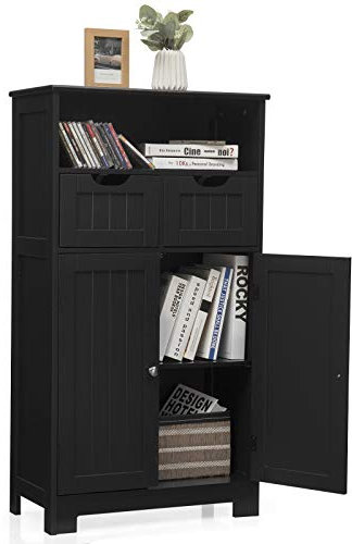 KOMFOTTEU Meuble de Salle de Bain, avec 2 Tiroirs et 2 Armoires à Porte, Armoire d’Appoint avec Étagère réglable, Armoire sur Pied, pour Salon, WC, 60 x 30 x 109 cm (Noir)