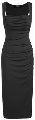 CIDER Damen-Sommerkleider 2024 – Solides Midikleid mit quadratischem Ausschnitt, gerüscht, ärmellos, Schwarz, Klein