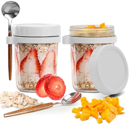 Overnight Oats Jars, Reusable Overnight Oats Jars with Lids and Spoons, 350ML Airtight Glass Overnight Oats Container with Measurement Marks, Overnight Oats Jars for Salads Yogurt Cereal Milk(White)