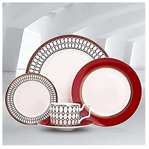 Juegos de vajilla Juego de platos, 7 piezas, Juego de vajilla de porcelana de hueso con platos, tazones, taza, platillo y platos de postre de dos niveles, Juego de cena de cerámica roja