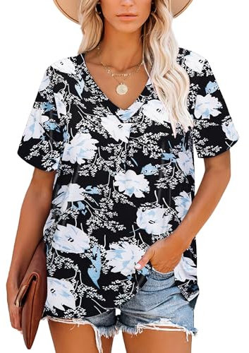 NARRAME Camisetas de Verano a Rayas con Cuello en V para Mujer Floral Azul Blanco Large L 42-44
