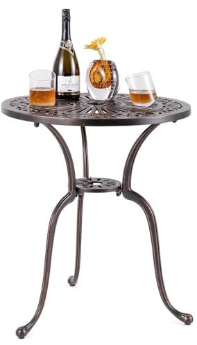 COSTWAY Tavolino da Giardino in Alluminio Pressofuso, Tavolino Rotondo da 61 cm con Foro per Ombrellone, Gambe Curve e Piedini Regolabili, per Giardino, Portico e Balcone, Portato 40 kg